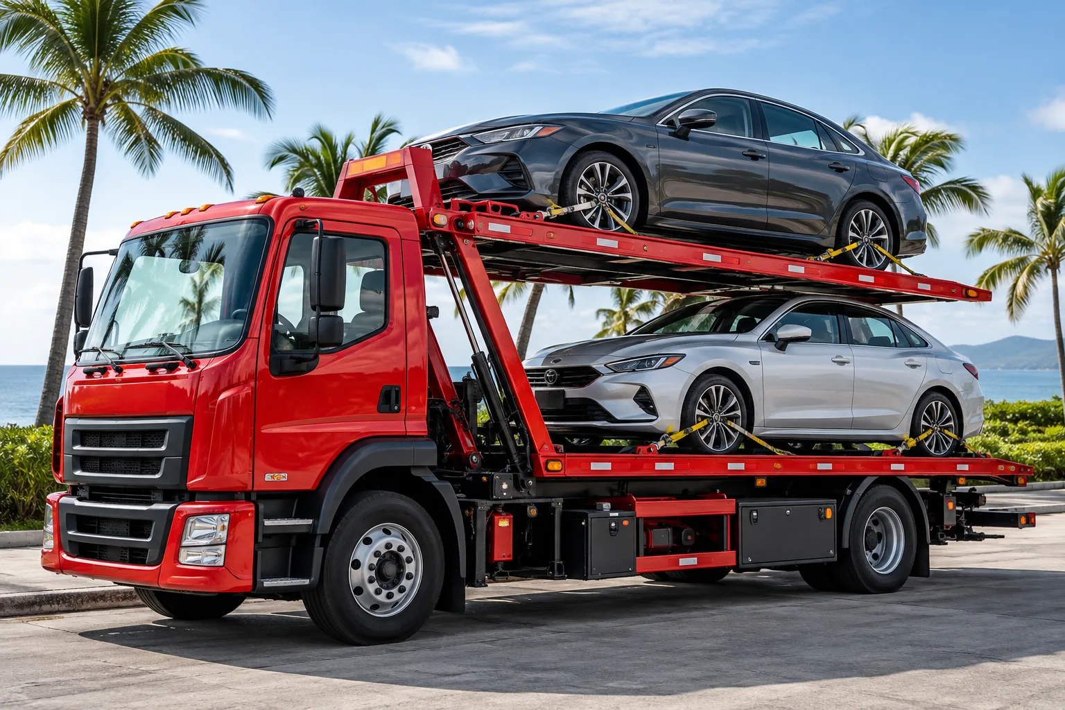 Imagen ilustrativa de grúa de doble plataforma con dos automóviles